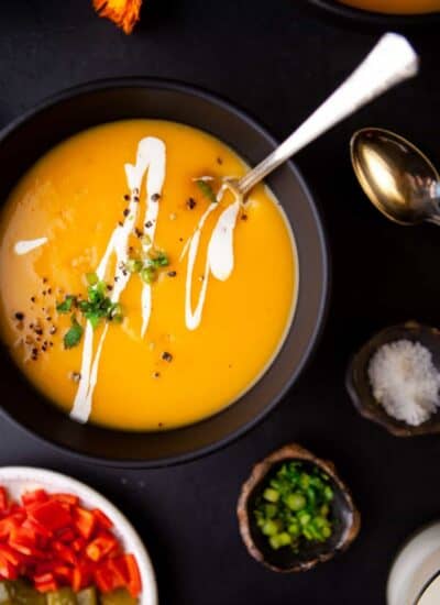 Overhead of Butternut Squash Soup in a bowl