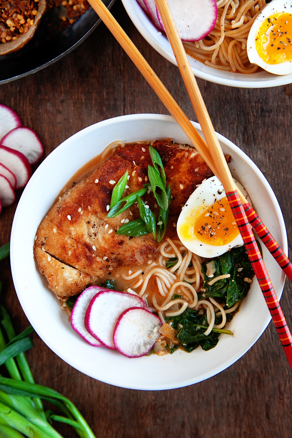 Overhead of Easy Chicken Ramen with chopsticks resting on the side. 