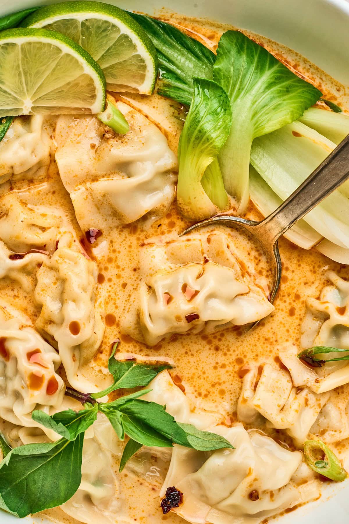 This Coconut Curry Soup with Wontons can be on your table in 20 minutes! Perfect dinner when you are on the run with activities or tired from the day of work. Close-up of the soup.